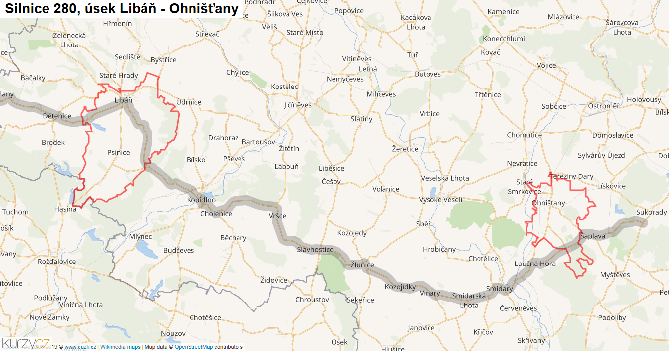 Úsek Libáň - Ohnišťany, Silnice 280 - Mapa