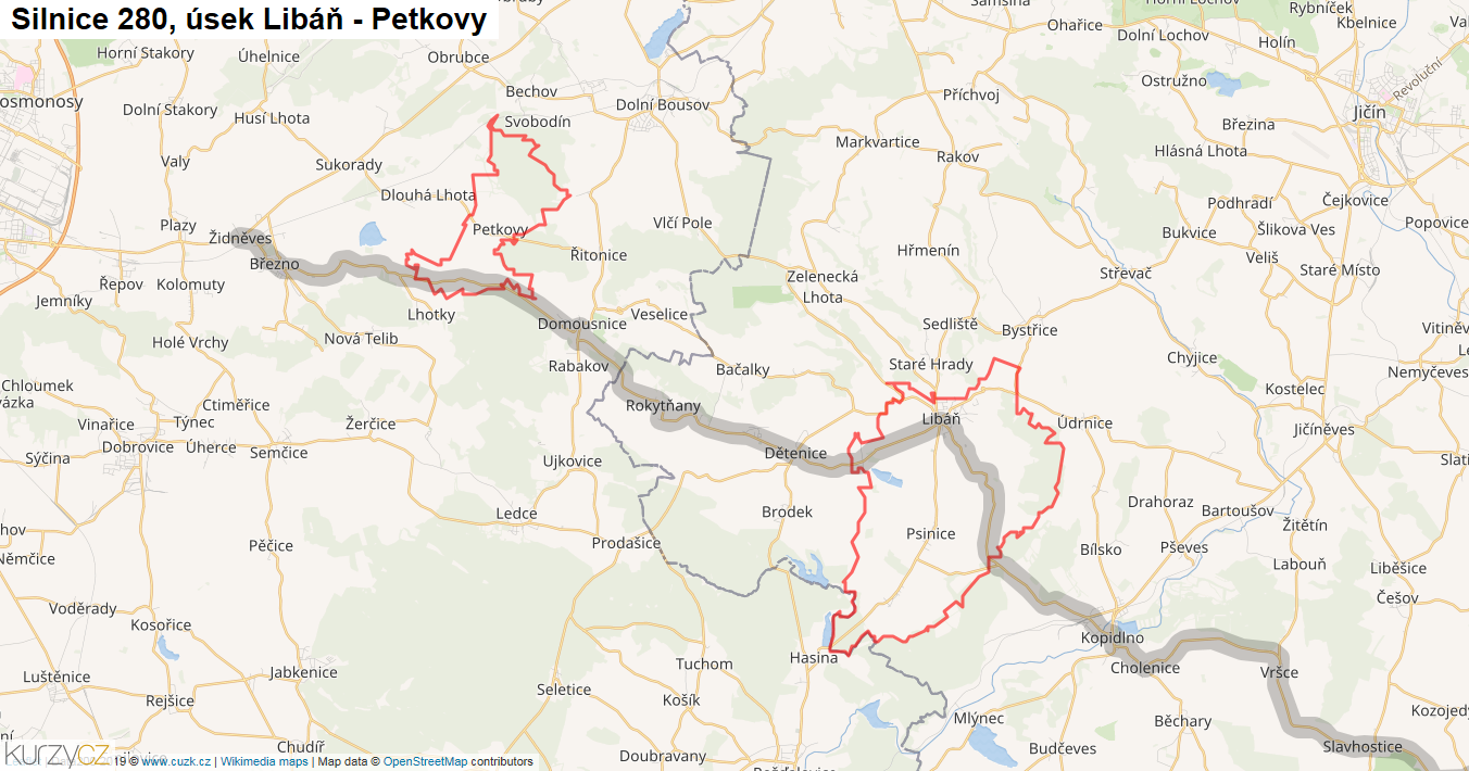 Úsek Libáň - Petkovy, Silnice 280 - Mapa