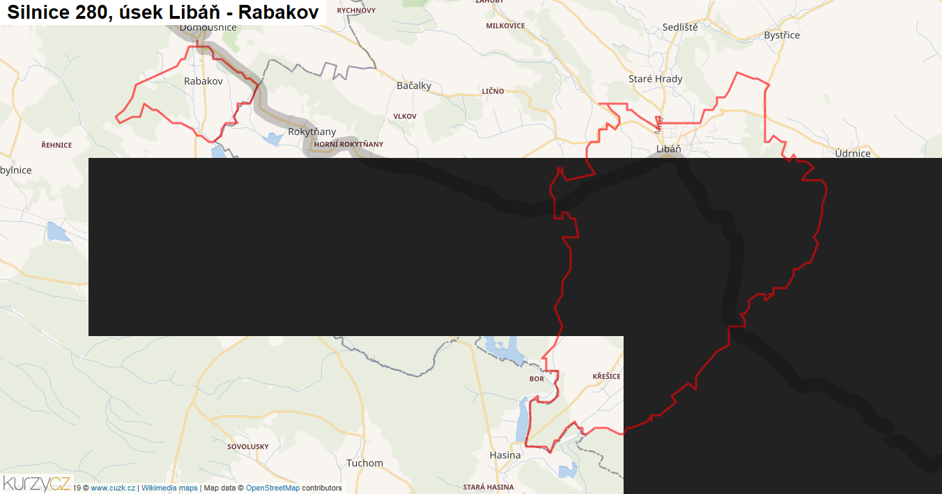 Úsek Libáň - Rabakov, Silnice 280 - Mapa