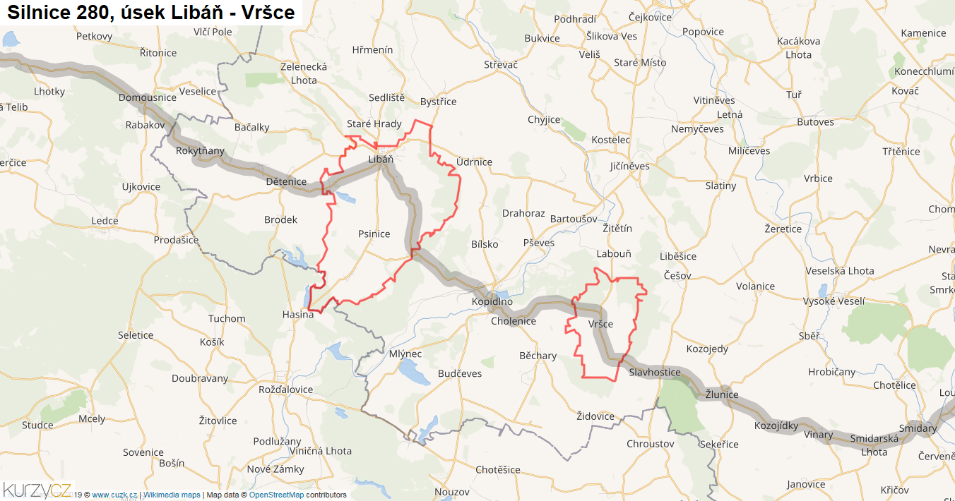 Úsek Libáň - Vršce, Silnice 280 - Mapa