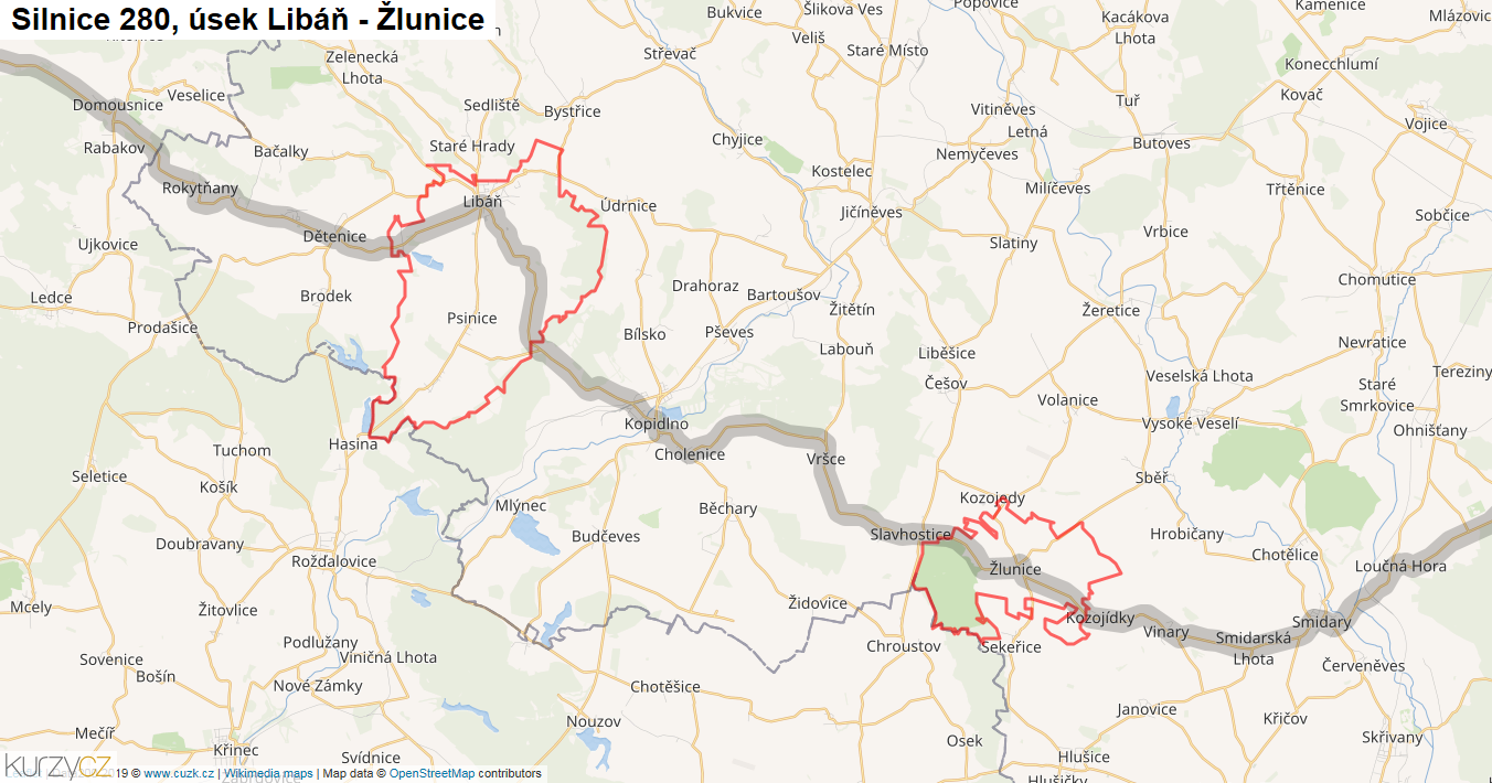 Úsek Libáň - Žlunice, Silnice 280 - Mapa