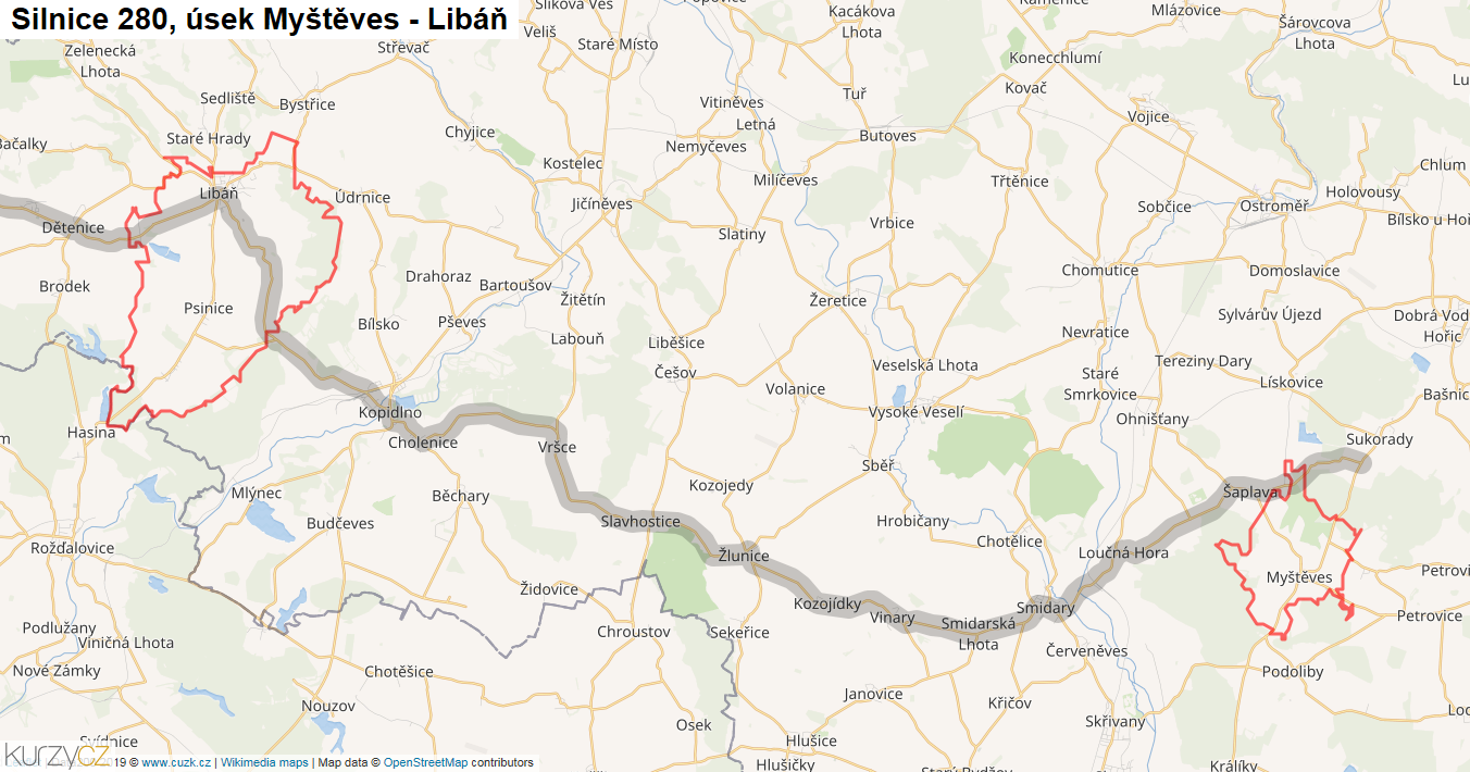 Úsek Myštěves - Libáň, Silnice 280 - Mapa