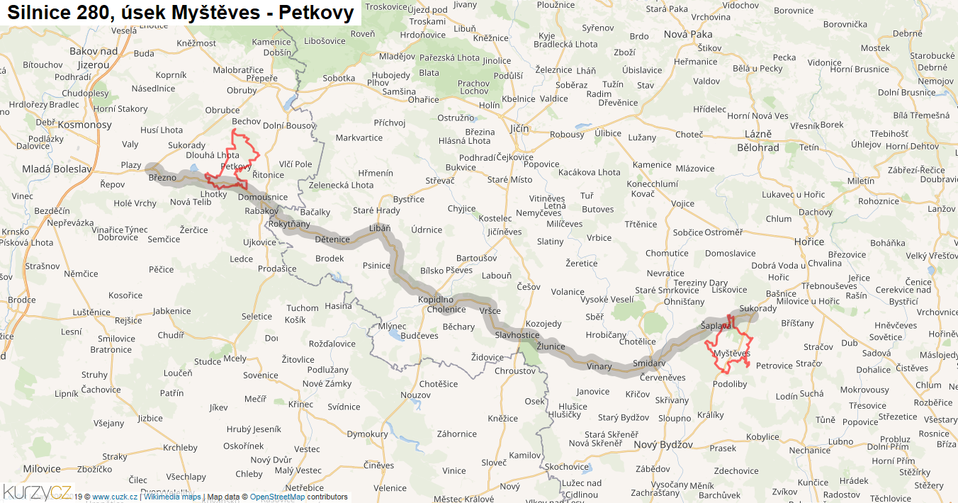 Úsek Myštěves - Petkovy, Silnice 280 - Mapa