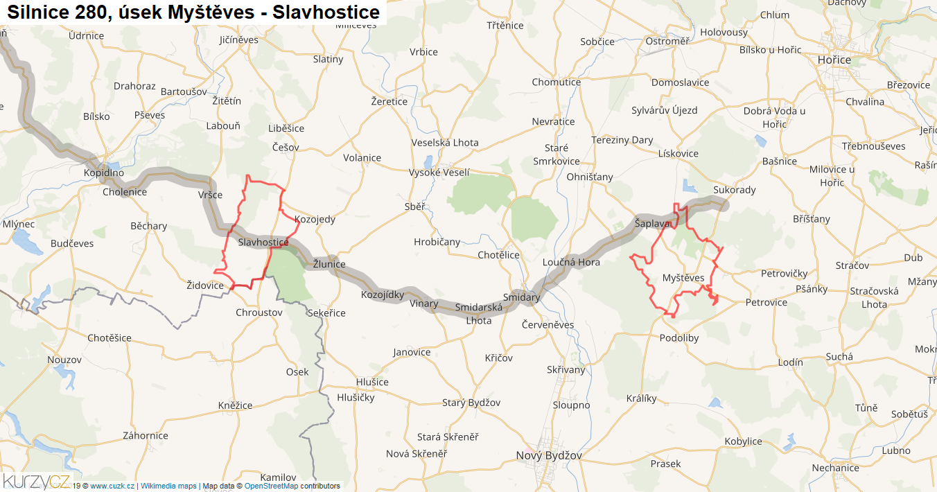 Úsek Myštěves - Slavhostice, Silnice 280 - Mapa
