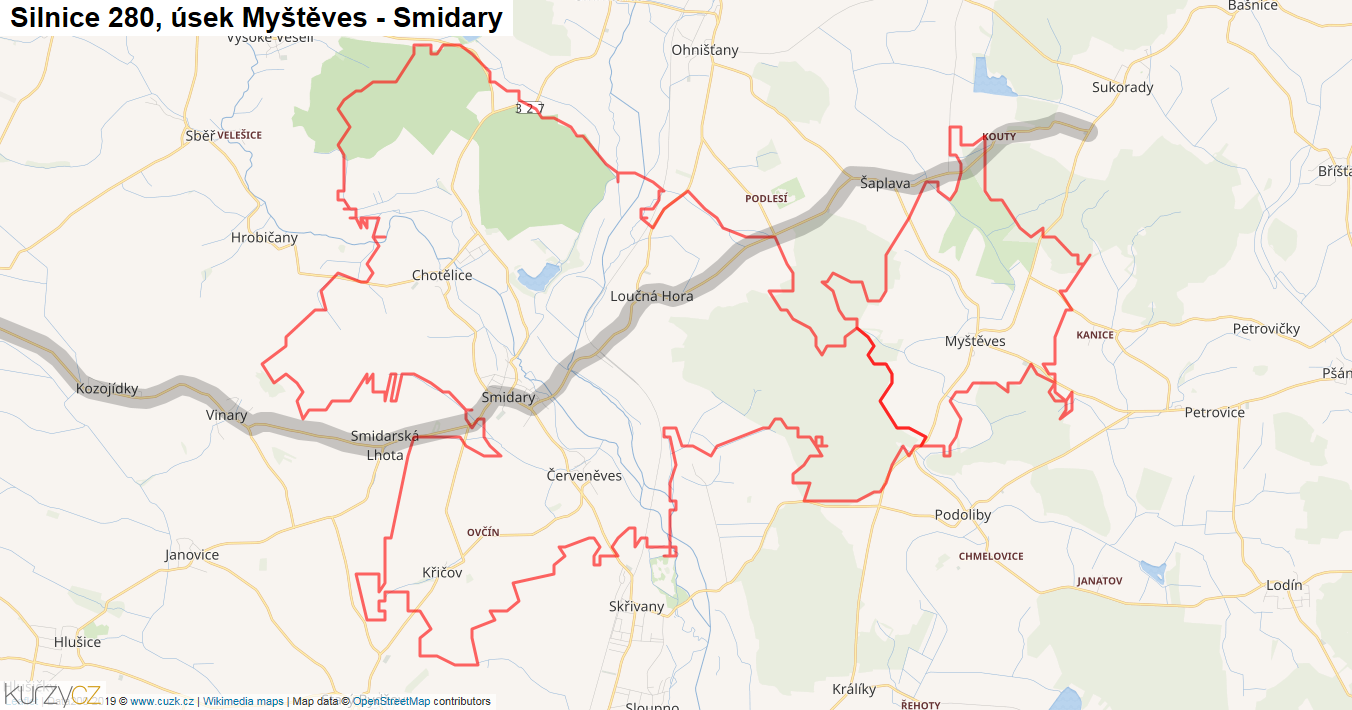 Úsek Myštěves - Smidary, Silnice 280 - Mapa