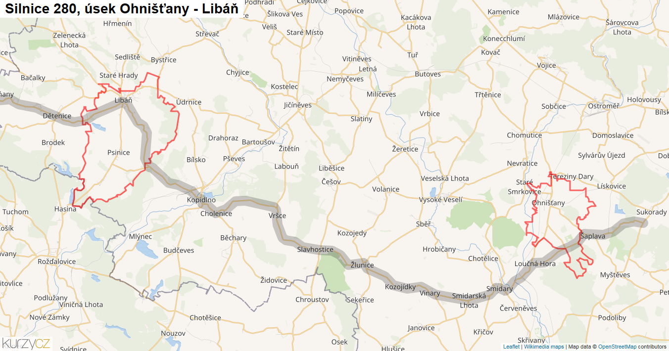 Úsek Ohnišťany - Libáň, Silnice 280 - Mapa