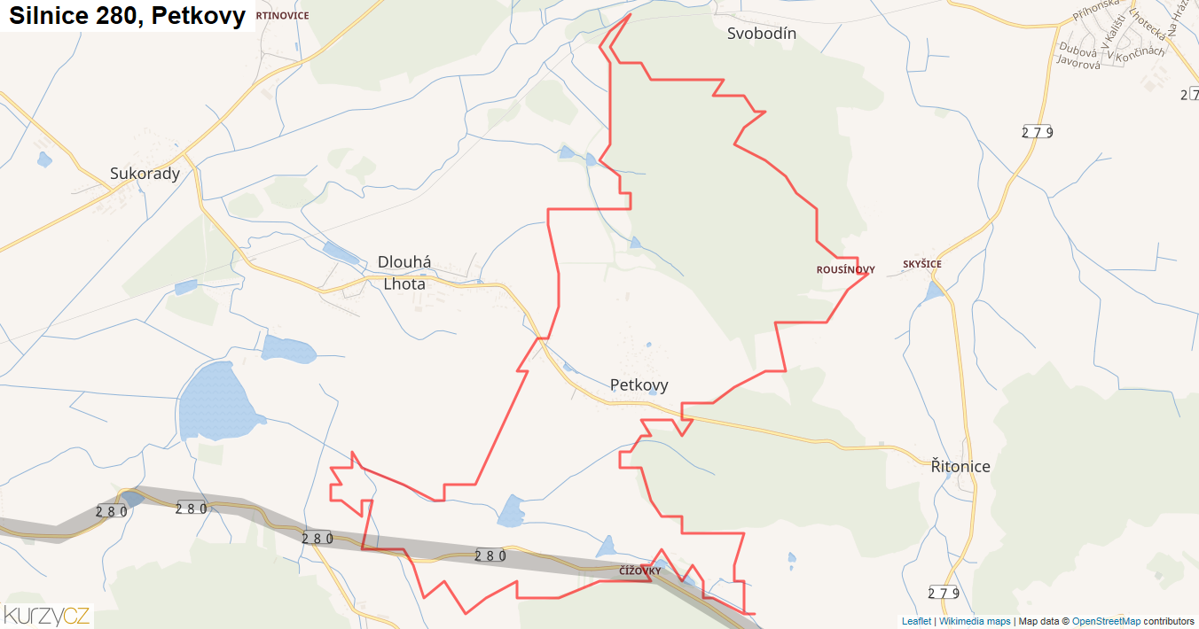 Petkovy, Silnice 280 - Mapa