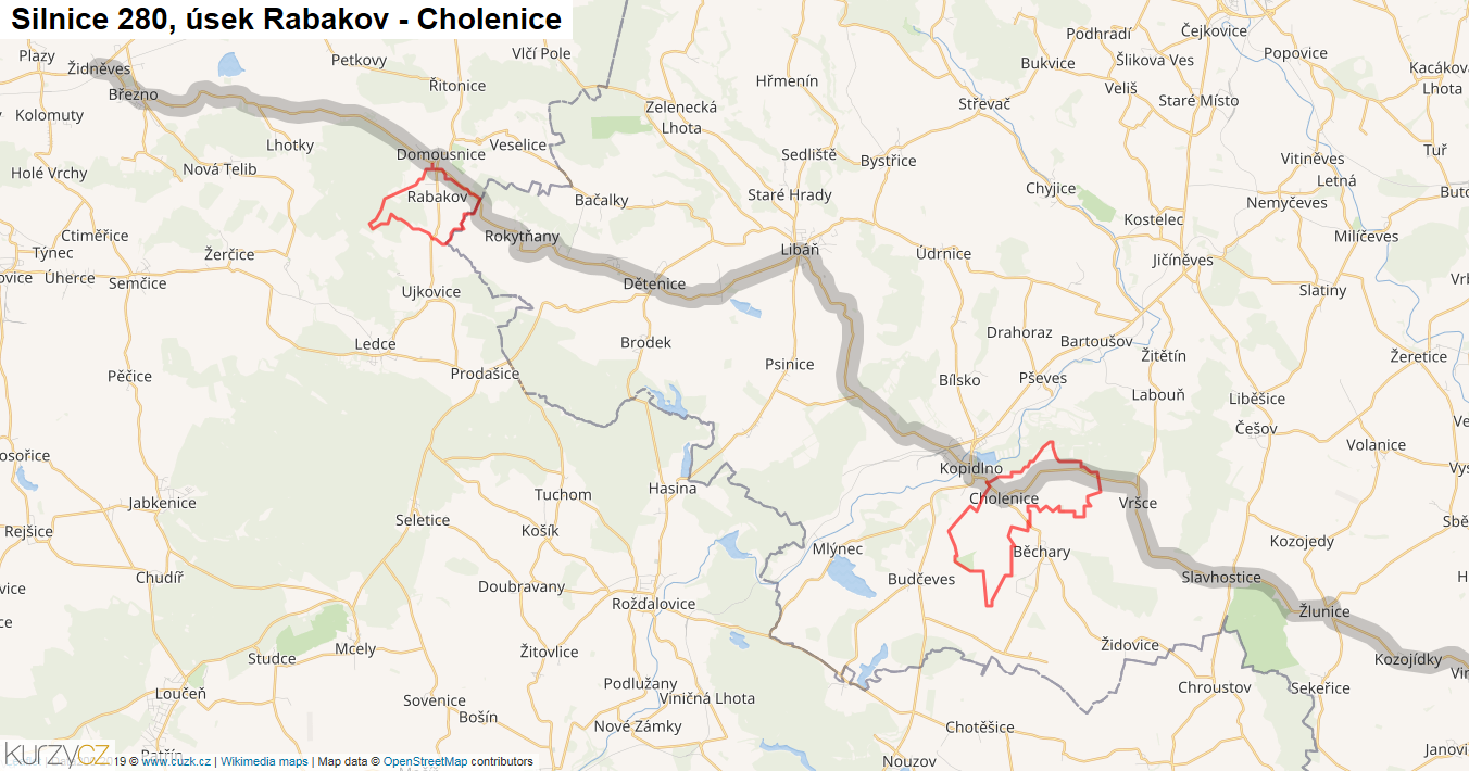 Úsek Rabakov - Cholenice, Silnice 280 - Mapa