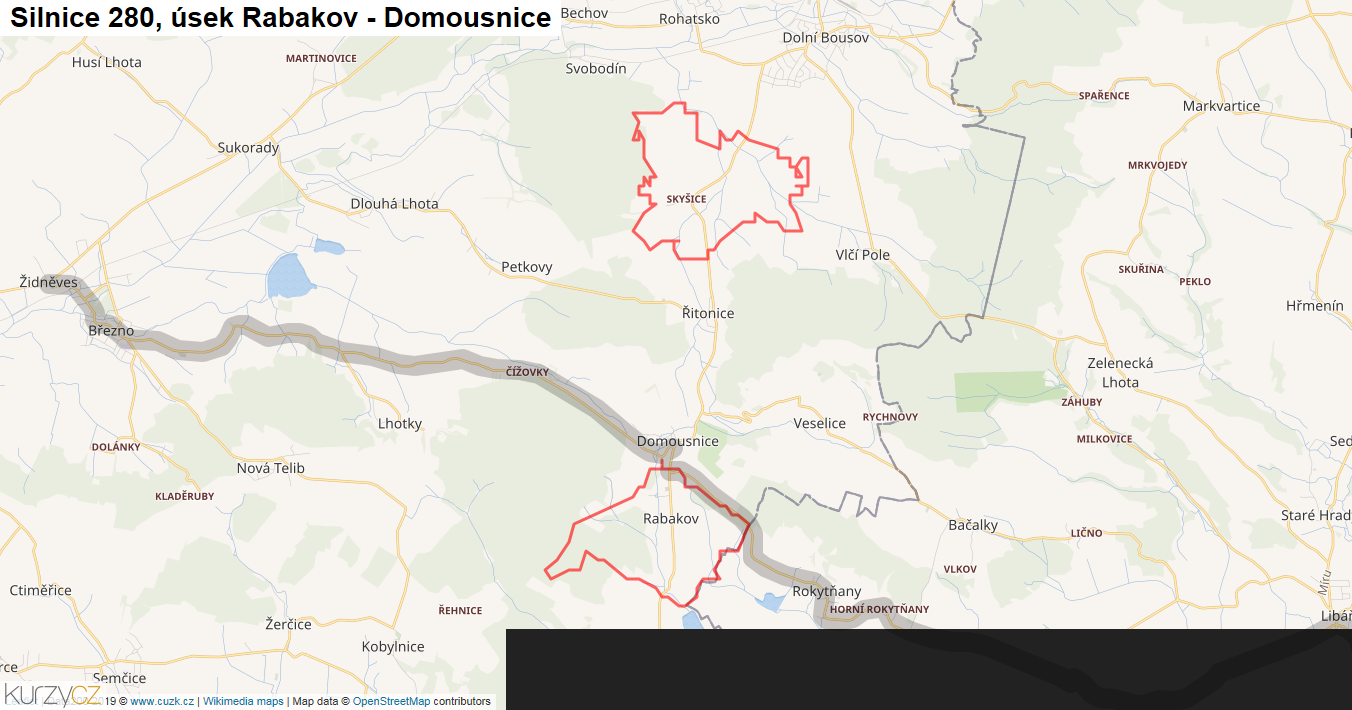 Úsek Rabakov - Domousnice, Silnice 280 - Mapa