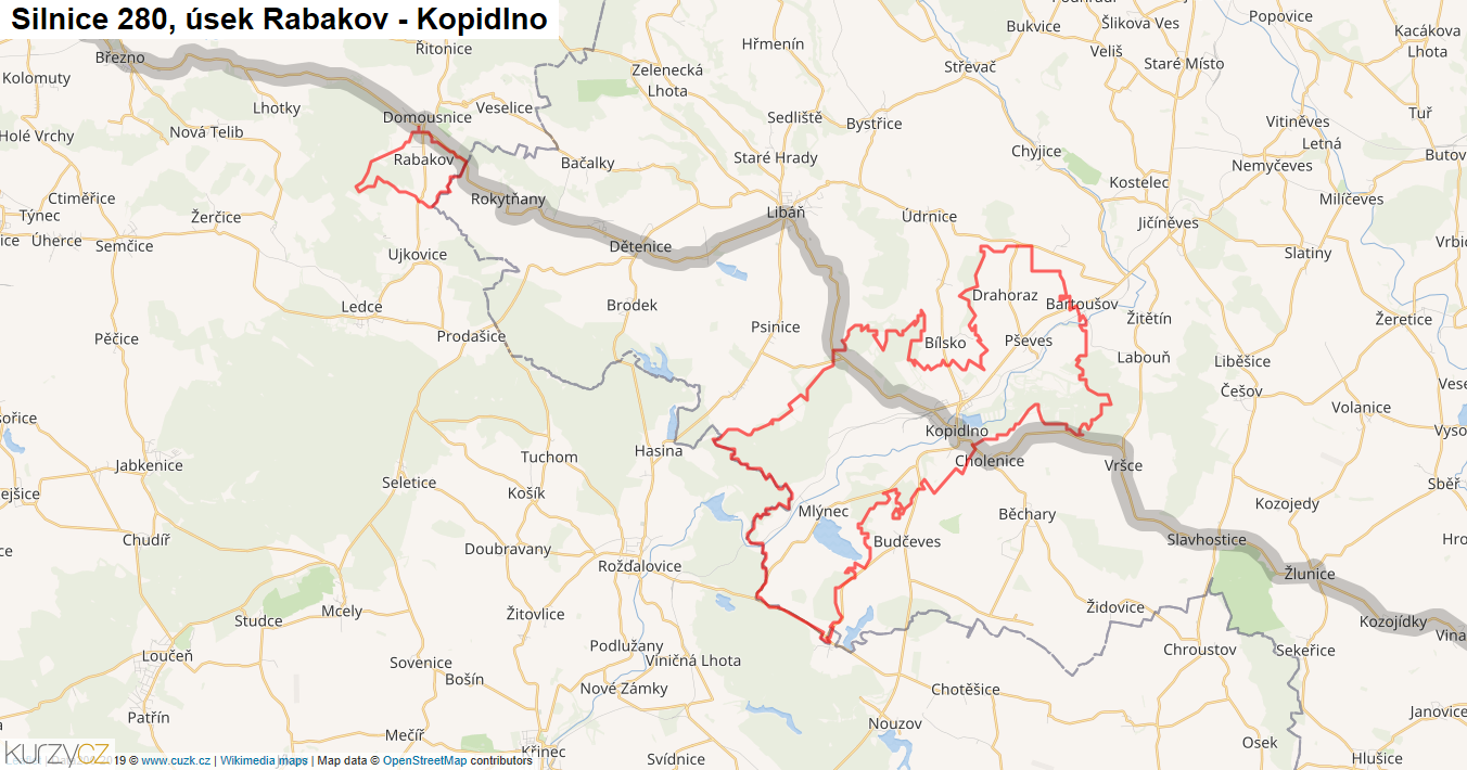 Úsek Rabakov - Kopidlno, Silnice 280 - Mapa