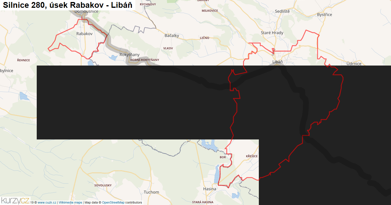 Úsek Rabakov - Libáň, Silnice 280 - Mapa