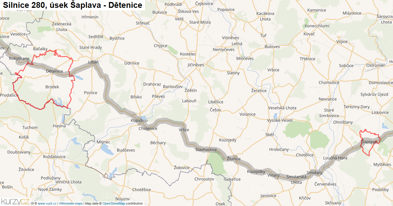 Úsek Šaplava - Dětenice, Silnice 280 - Mapa