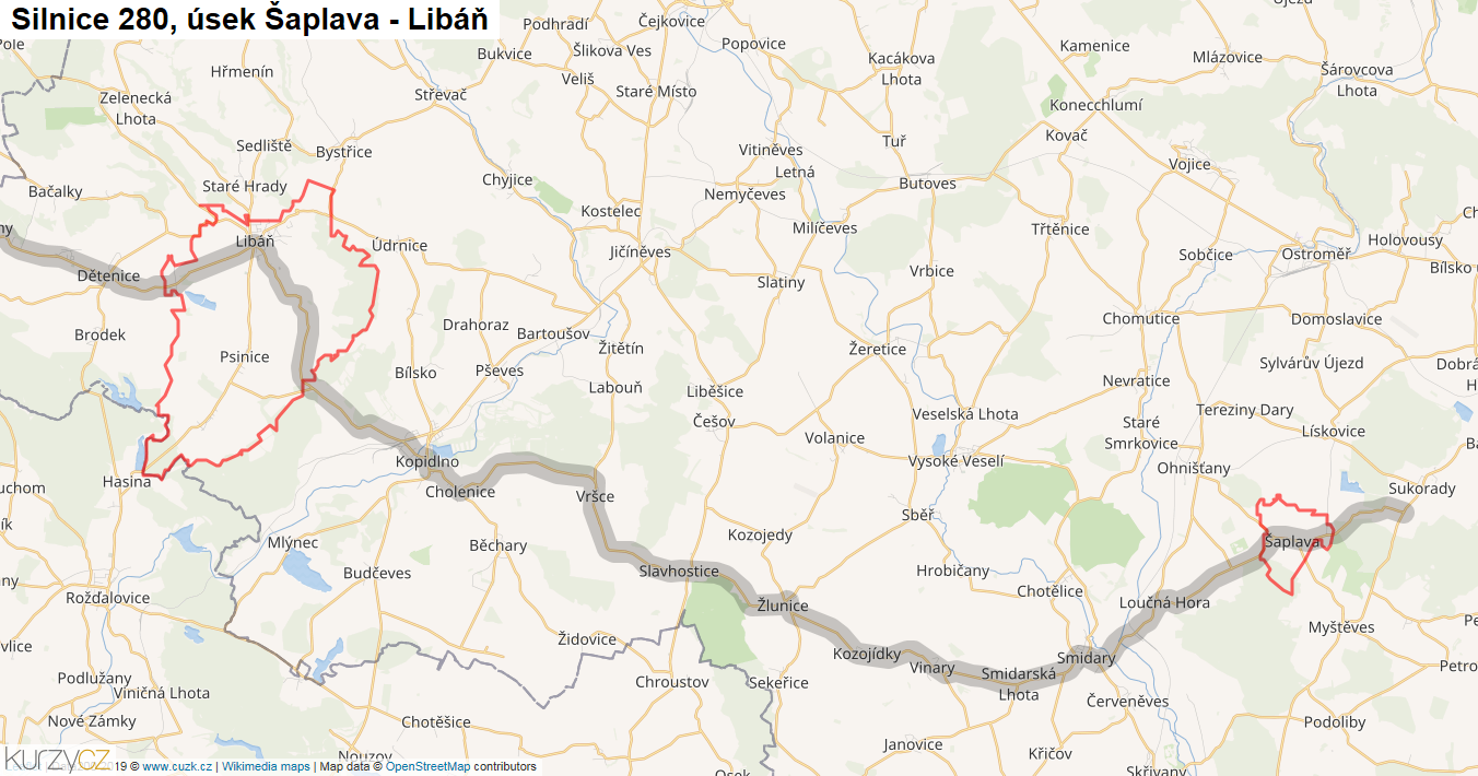 Úsek Šaplava - Libáň, Silnice 280 - Mapa