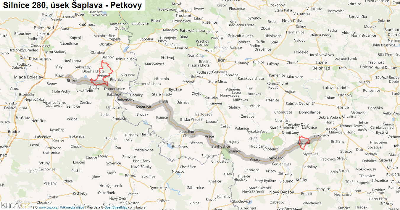 Úsek Šaplava - Petkovy, Silnice 280 - Mapa