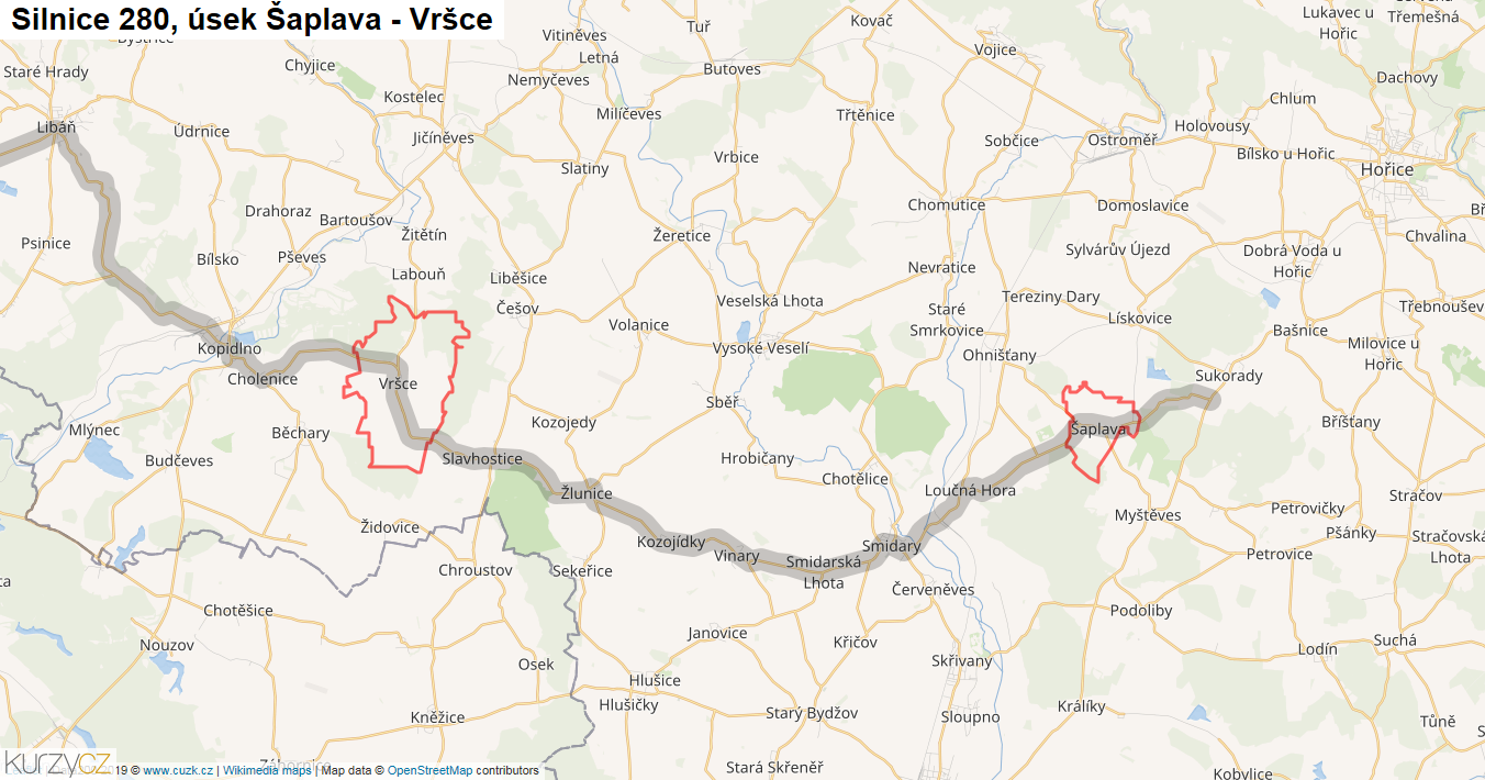 Úsek Šaplava - Vršce, Silnice 280 - Mapa