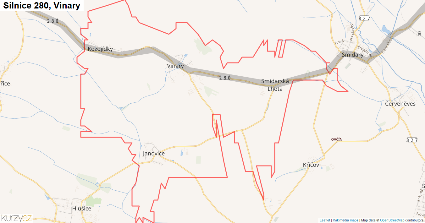 Vinary, Silnice 280 - Mapa