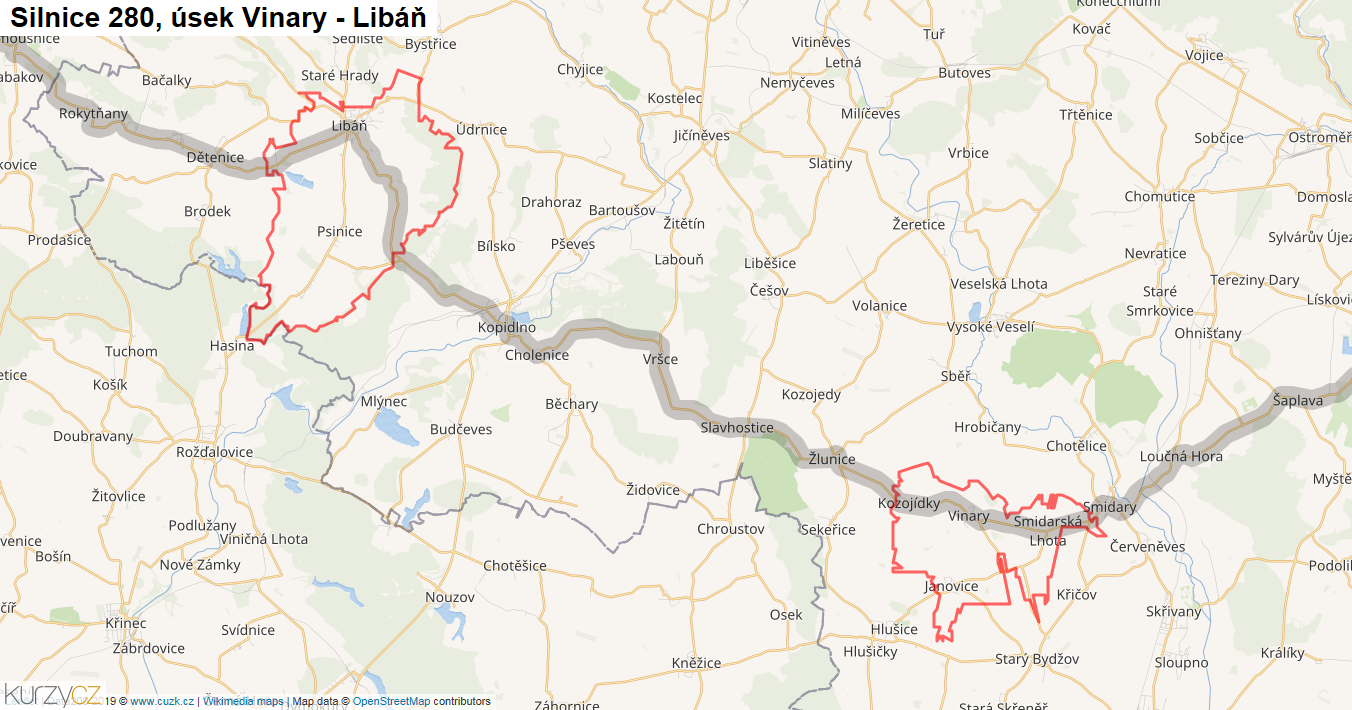 Úsek Vinary - Libáň, Silnice 280 - Mapa