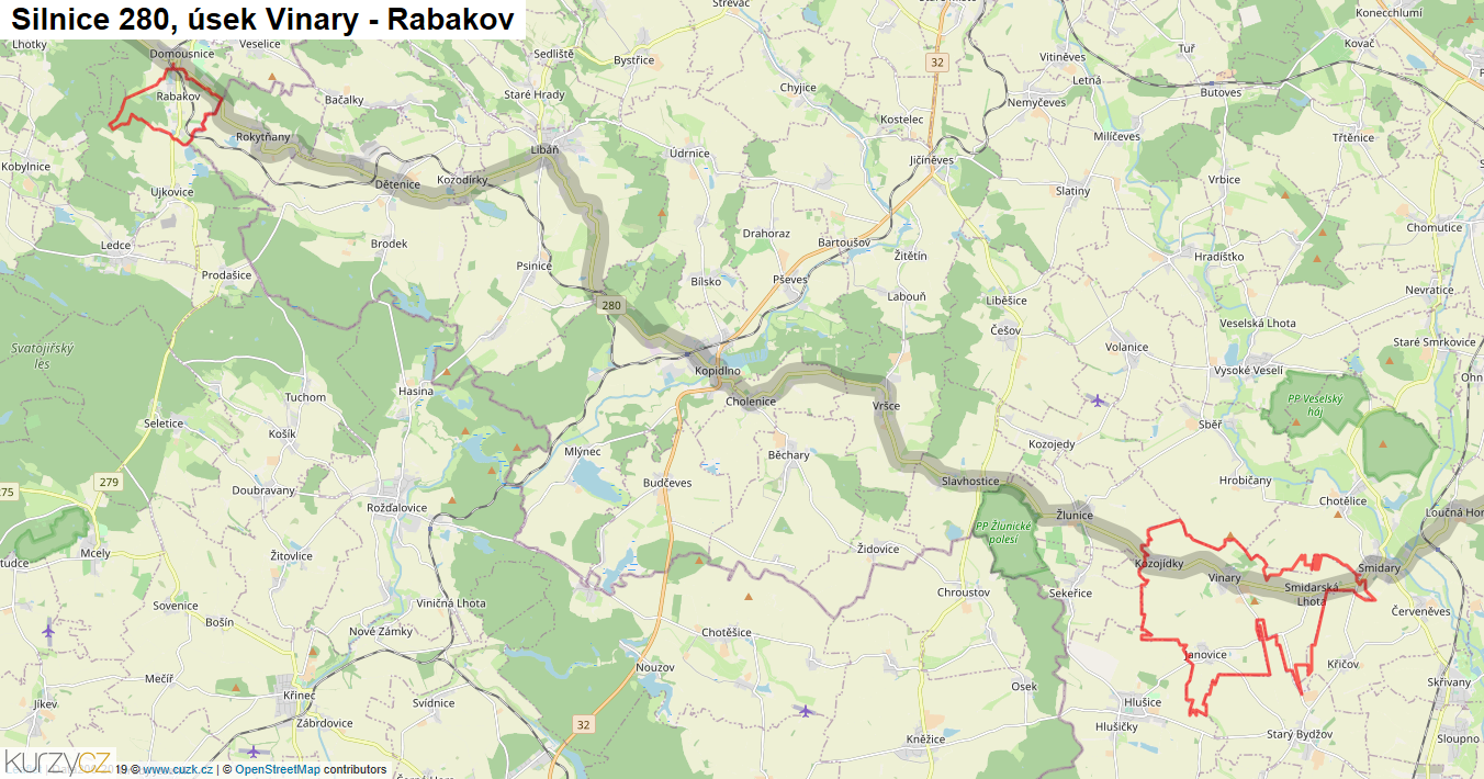 Úsek Vinary - Rabakov, Silnice 280 - Mapa