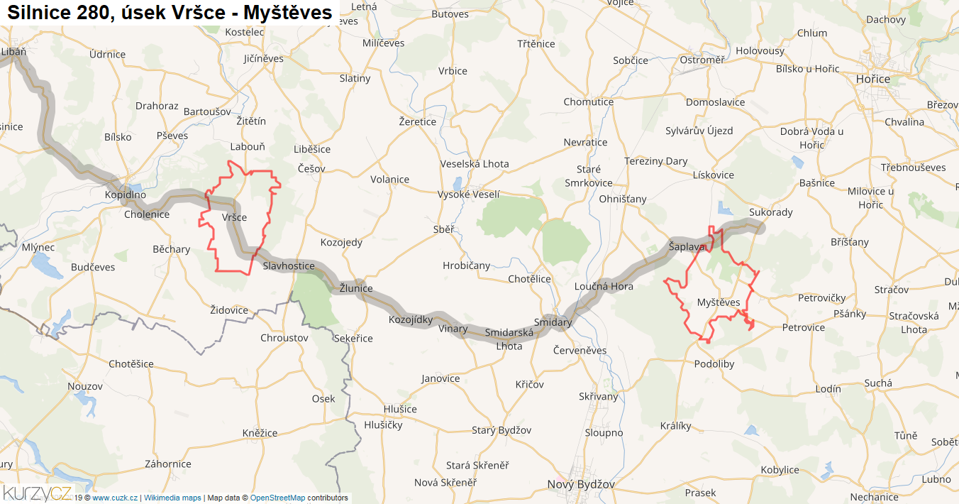 Úsek Vršce - Myštěves, Silnice 280 - Mapa