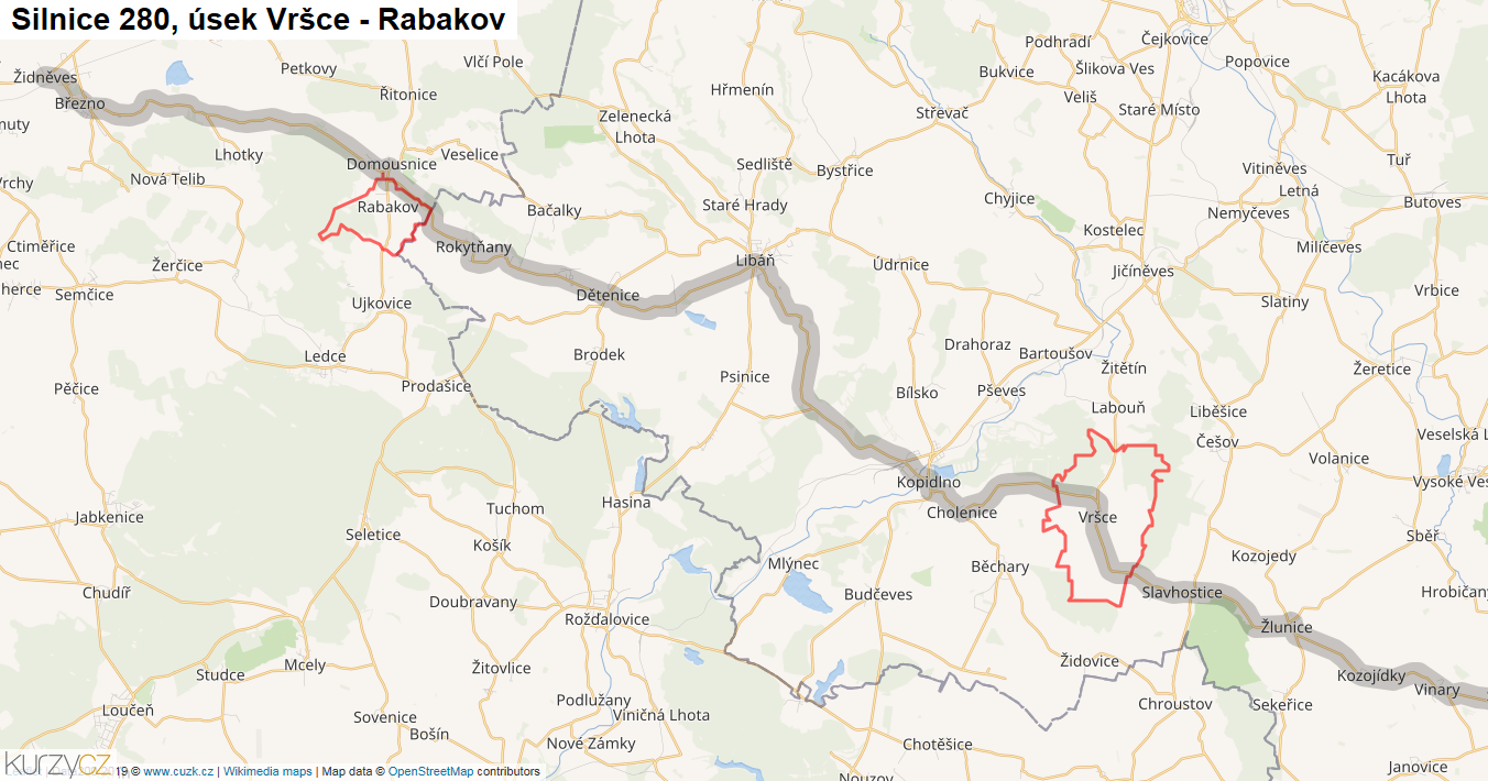 Úsek Vršce - Rabakov, Silnice 280 - Mapa