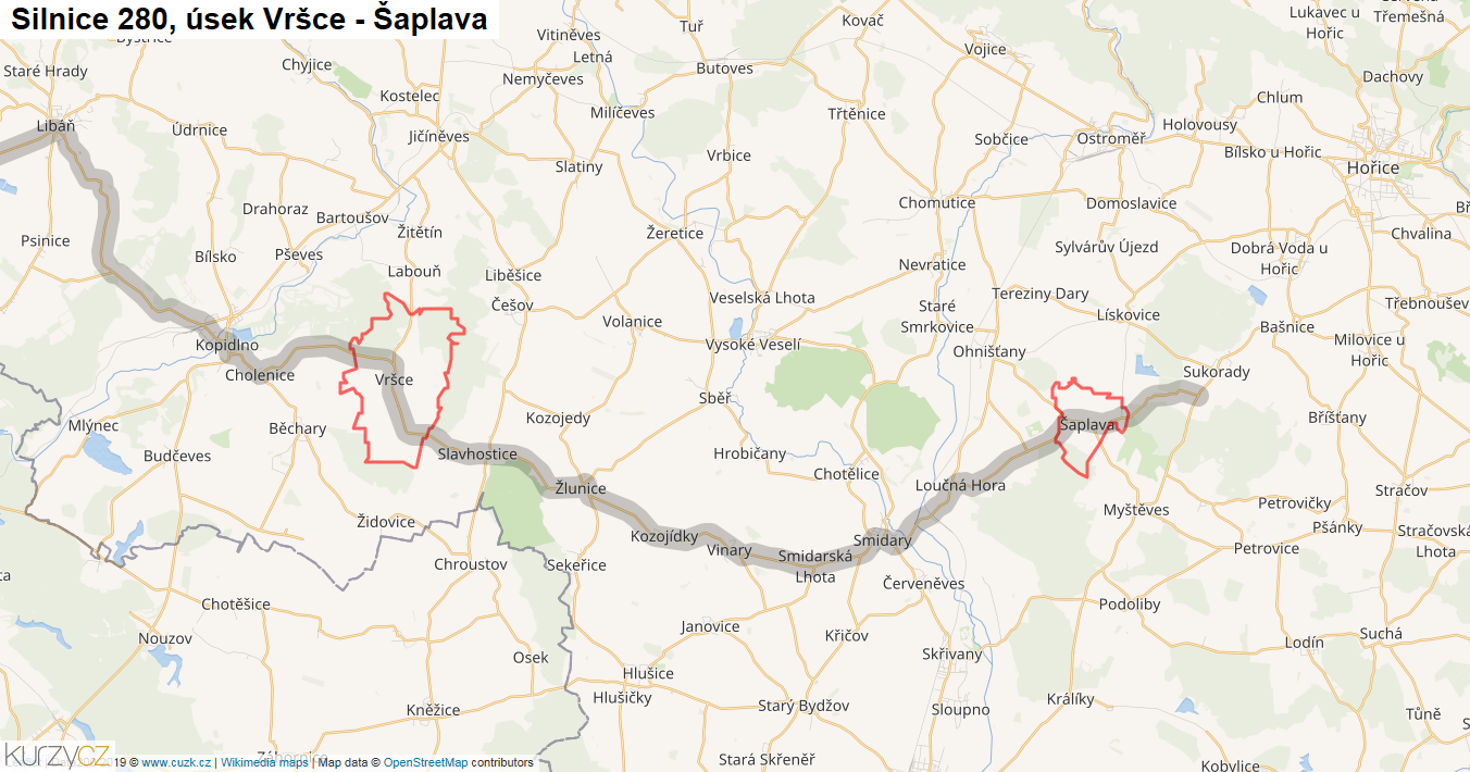 Úsek Vršce - Šaplava, Silnice 280 - Mapa