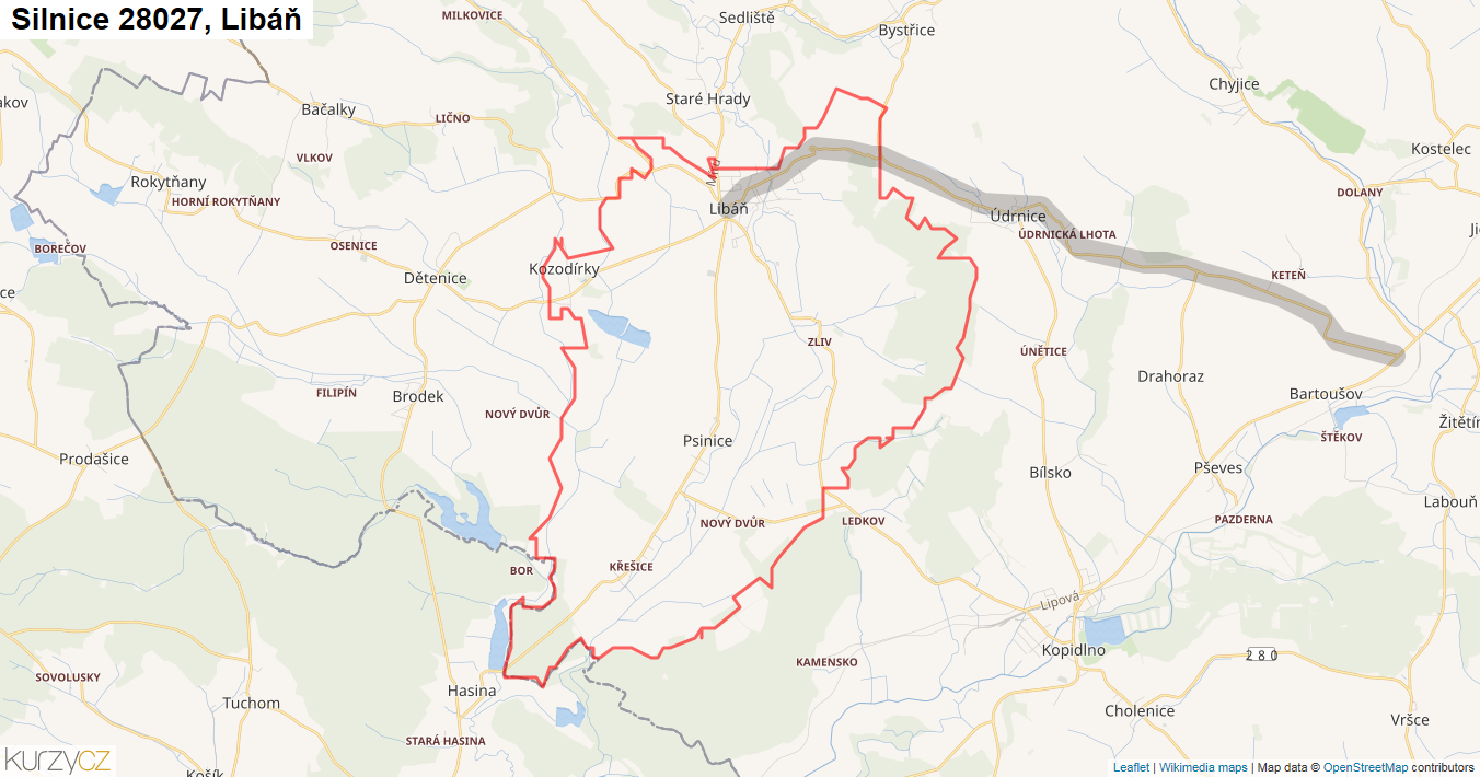 Libáň, Silnice 28027 - Mapa