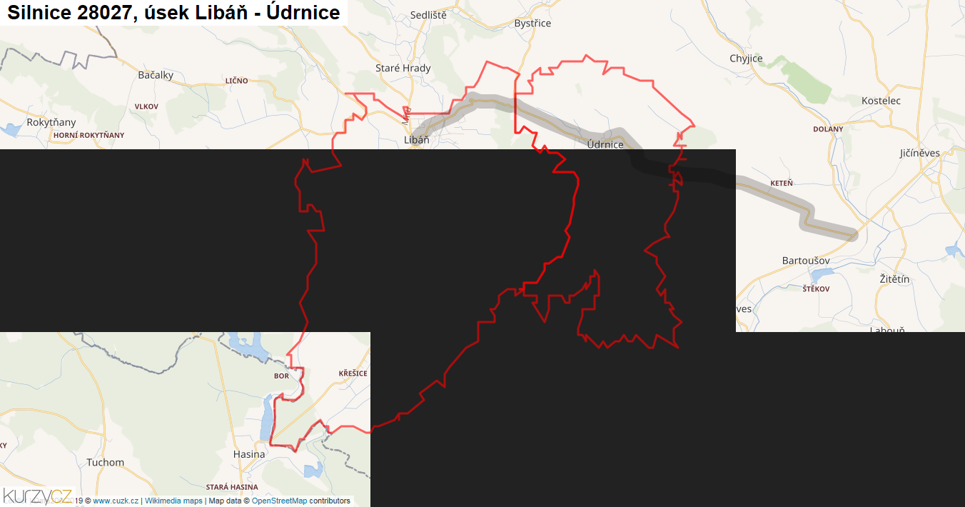 Úsek Libáň - Údrnice, Silnice 28027 - Mapa