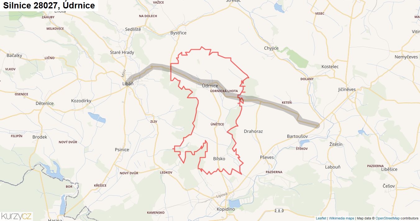 Údrnice, Silnice 28027 - Mapa