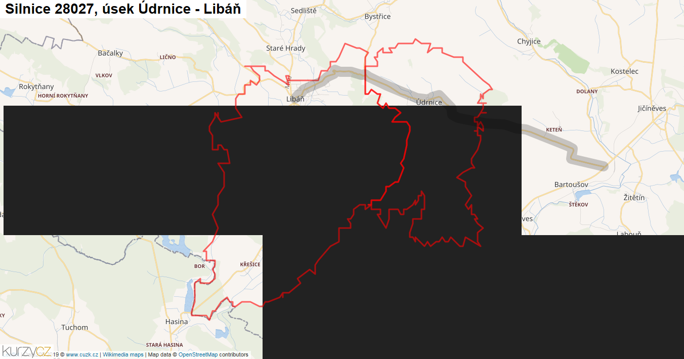 Úsek Údrnice - Libáň, Silnice 28027 - Mapa