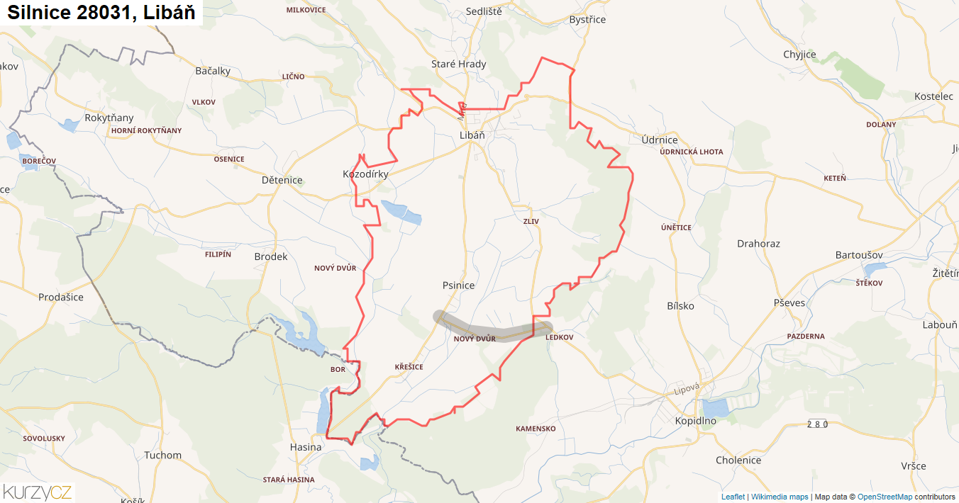 Libáň, Silnice 28031 - Mapa