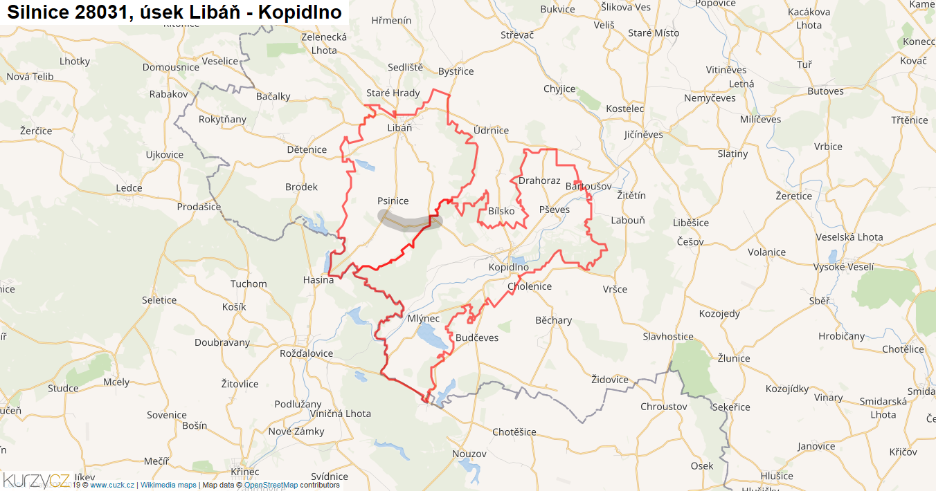 Úsek Libáň - Kopidlno, Silnice 28031 - Mapa