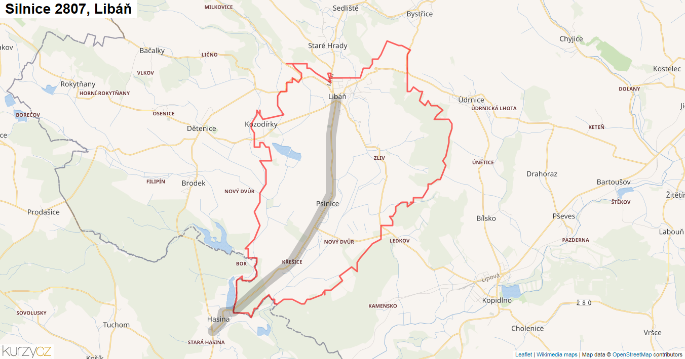 Libáň, Silnice 2807 - Mapa