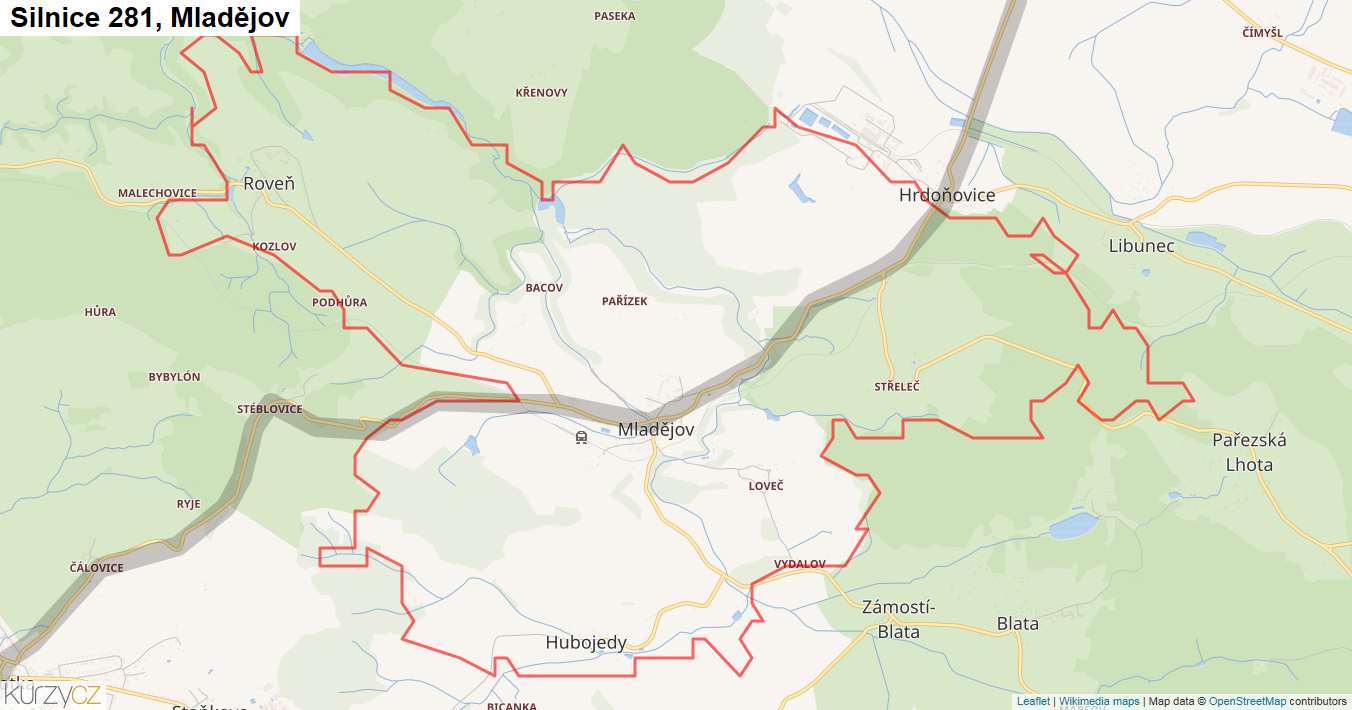 Mladějov, Silnice 281 - Mapa