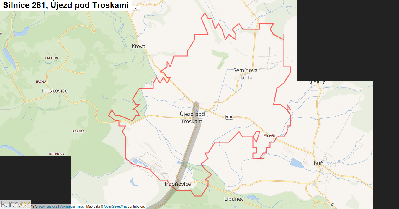 Újezd pod Troskami, Silnice 281 - Mapa