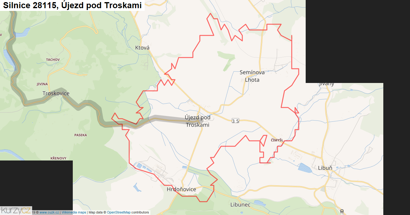Újezd pod Troskami, Silnice 28115 - Mapa