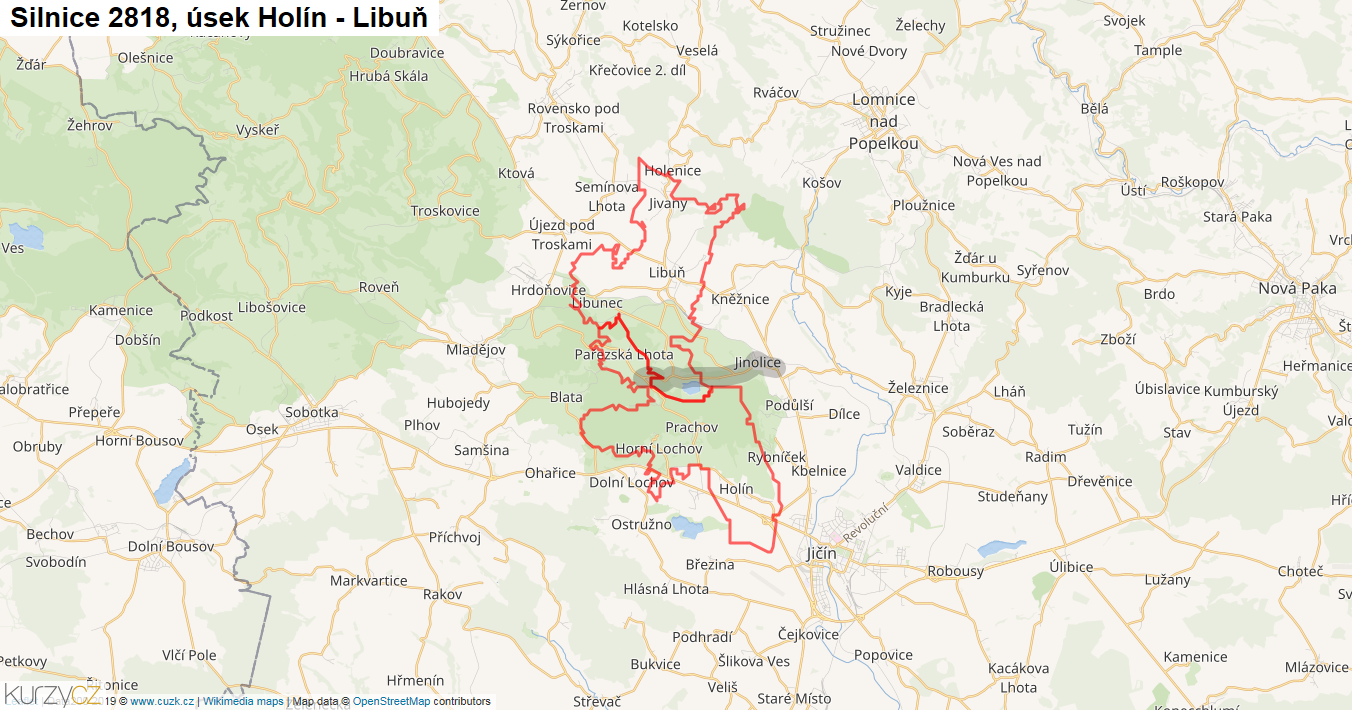 Úsek Holín - Libuň, Silnice 2818 - Mapa