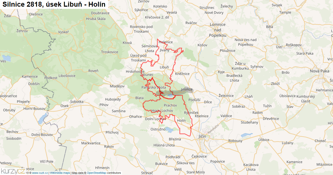 Úsek Libuň - Holín, Silnice 2818 - Mapa