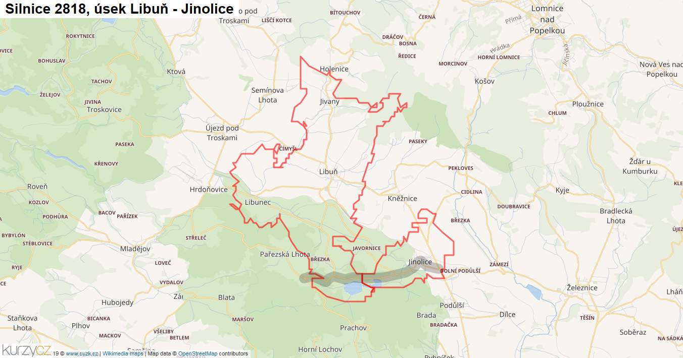 Úsek Libuň - Jinolice, Silnice 2818 - Mapa