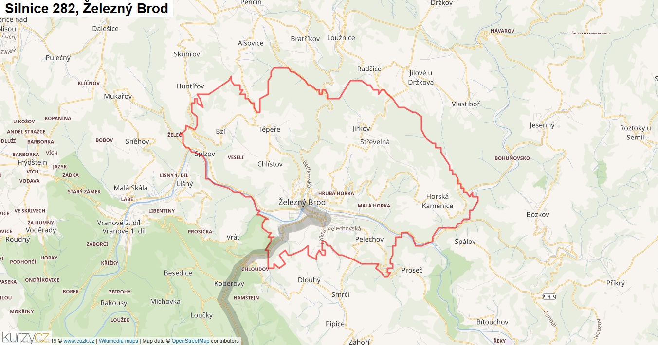 Železný Brod, Silnice 282 - Mapa