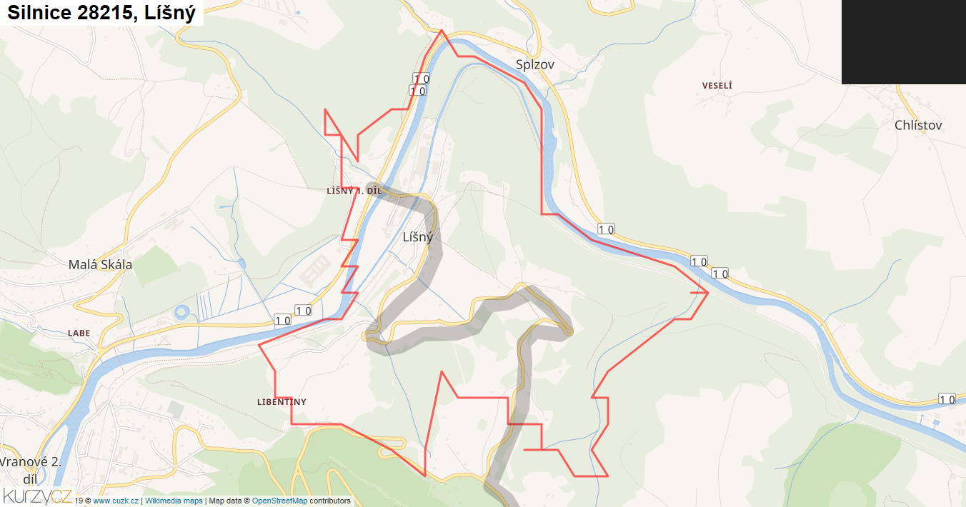 Líšný, Silnice 28215 - Mapa