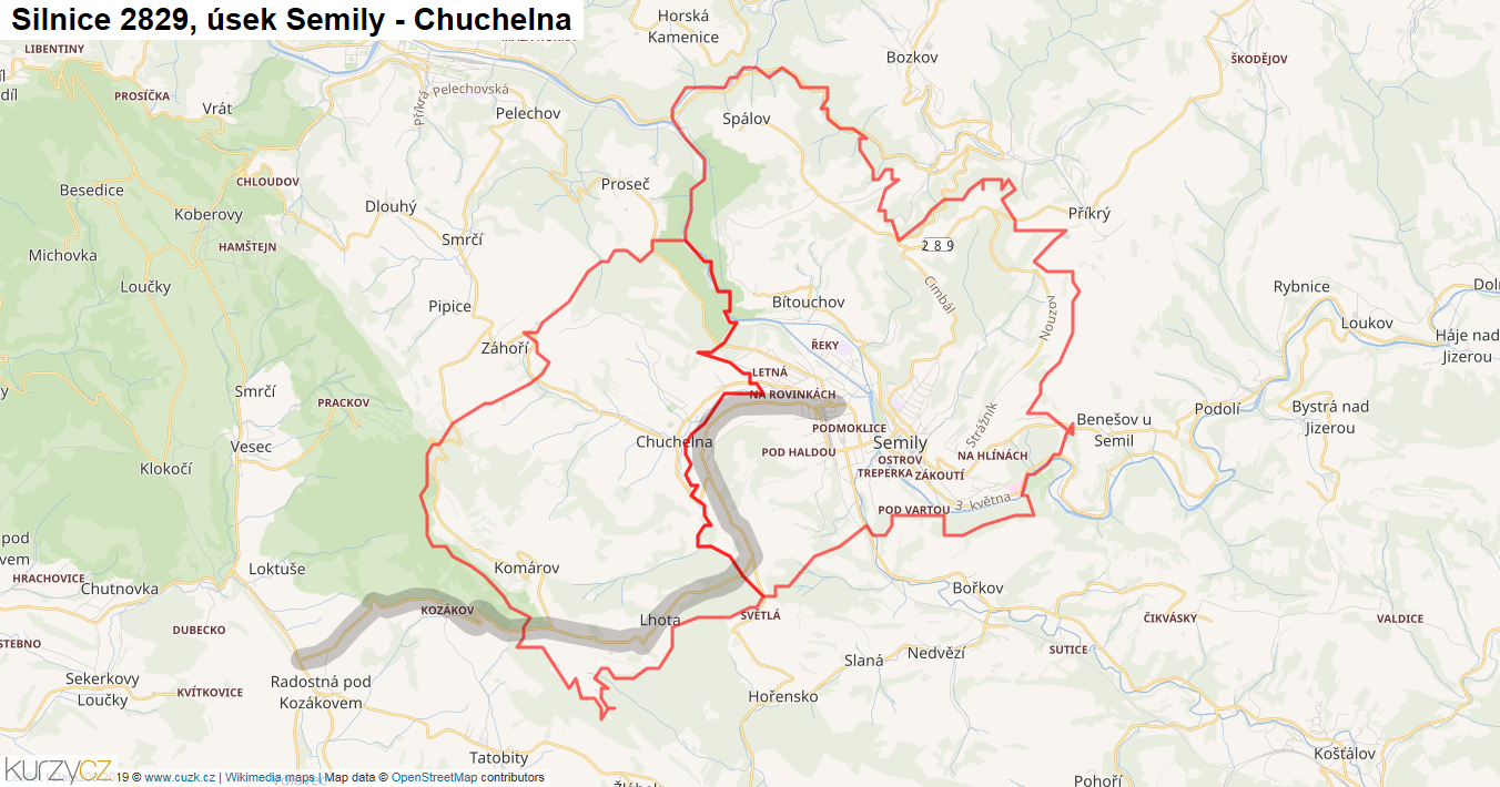Úsek Semily - Chuchelna, Silnice 2829 - Mapa