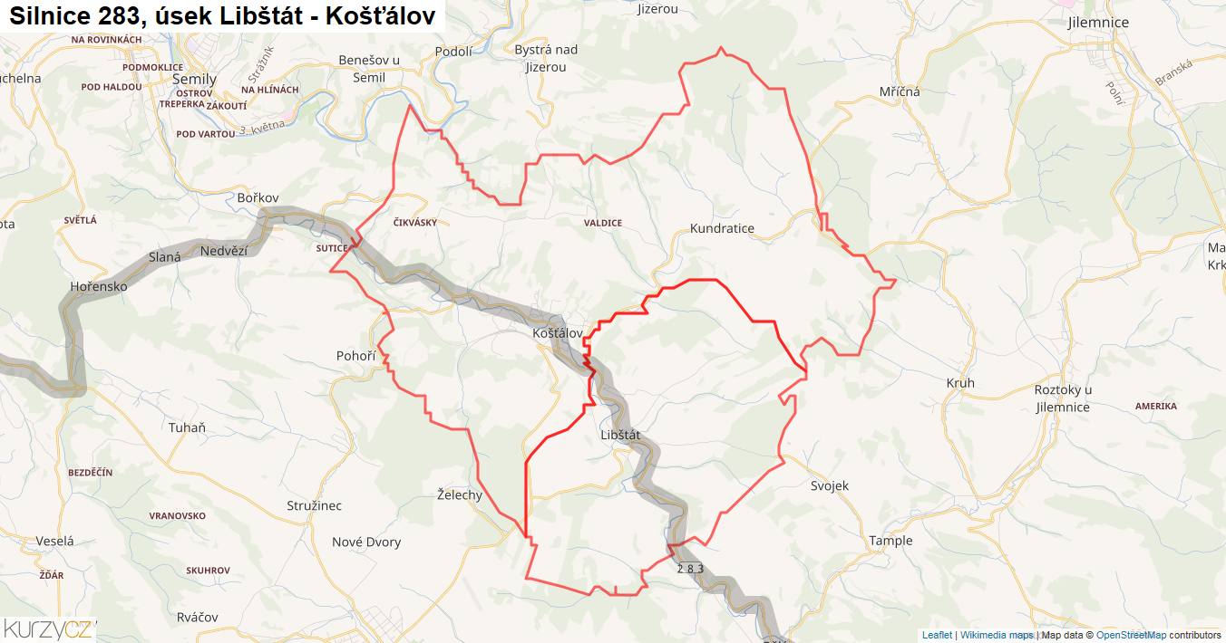 Úsek Libštát - Košťálov, Silnice 283 - Mapa