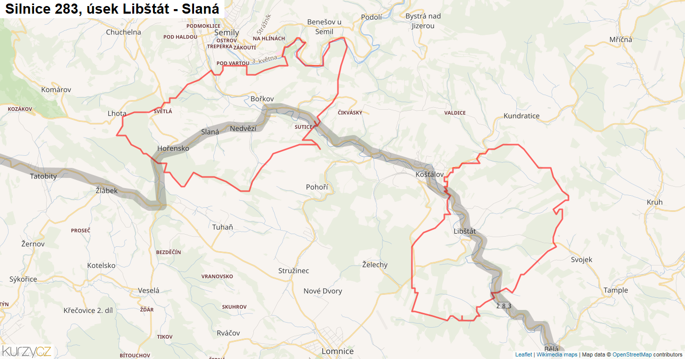Úsek Libštát - Slaná, Silnice 283 - Mapa