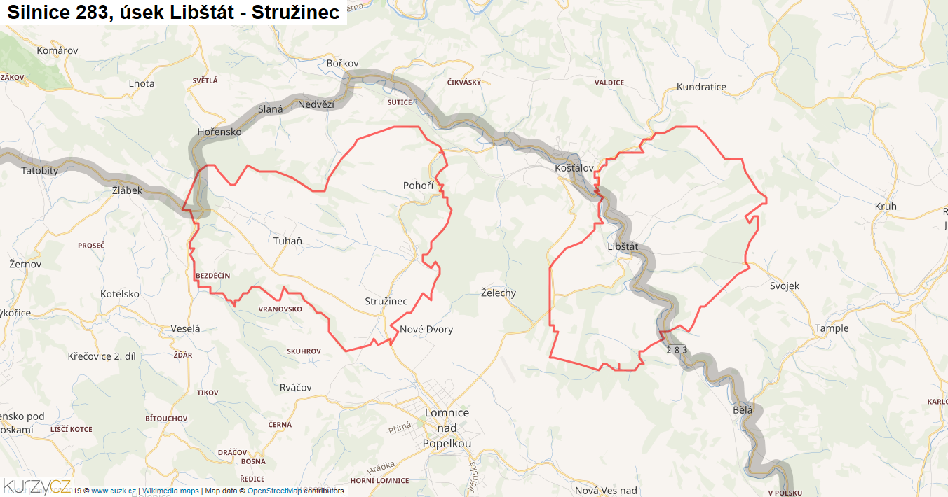 Úsek Libštát - Stružinec, Silnice 283 - Mapa