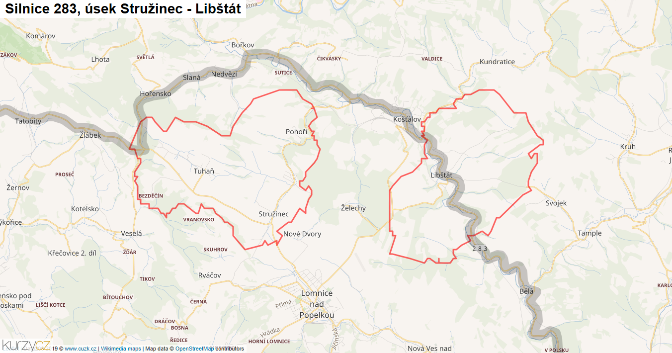 Úsek Stružinec - Libštát, Silnice 283 - Mapa