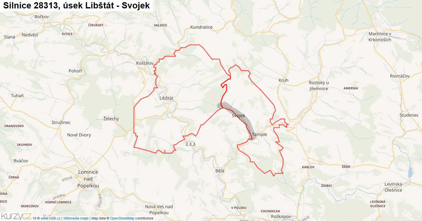 Úsek Libštát - Svojek, Silnice 28313 - Mapa