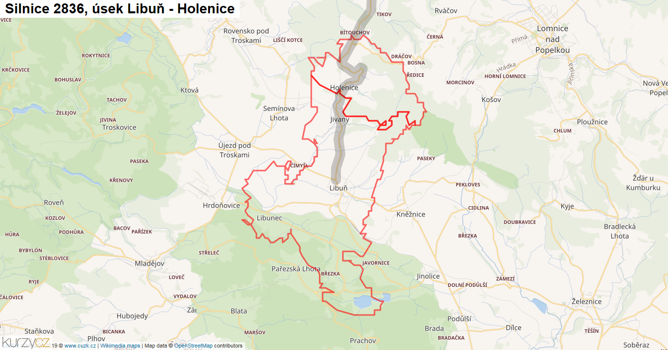 Úsek Libuň - Holenice, Silnice 2836 - Mapa