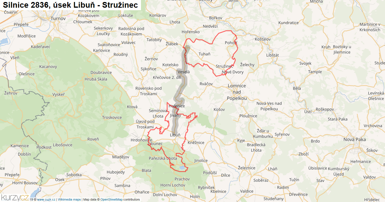 Úsek Libuň - Stružinec, Silnice 2836 - Mapa