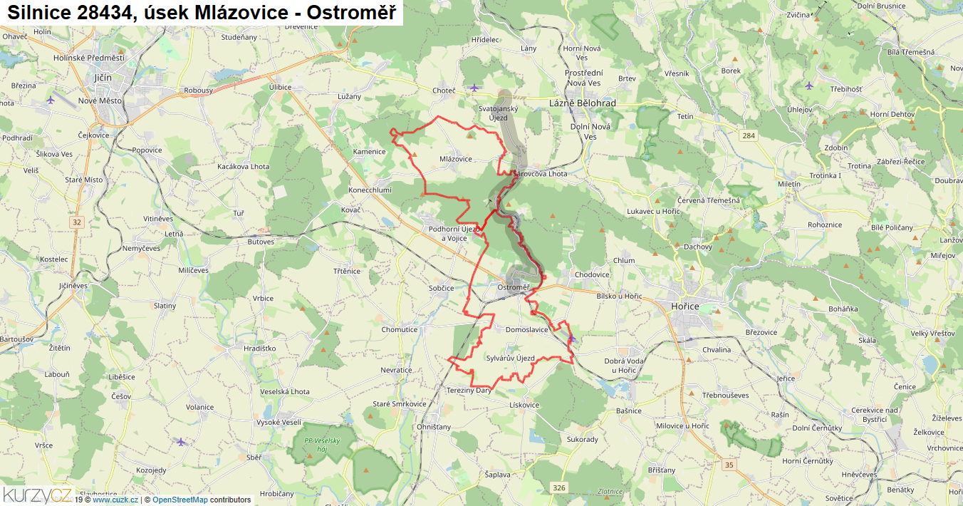 Úsek Mlázovice - Ostroměř, Silnice 28434 - Mapa