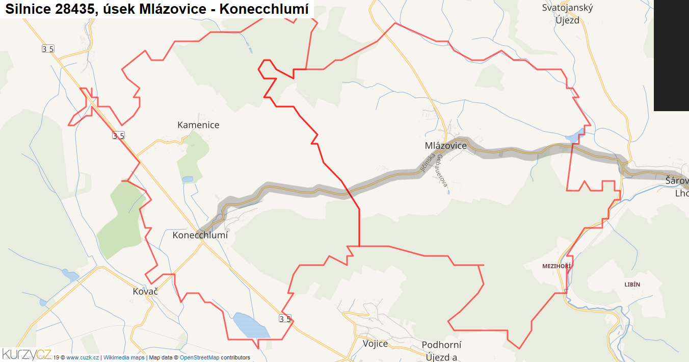 Úsek Mlázovice - Konecchlumí, Silnice 28435 - Mapa